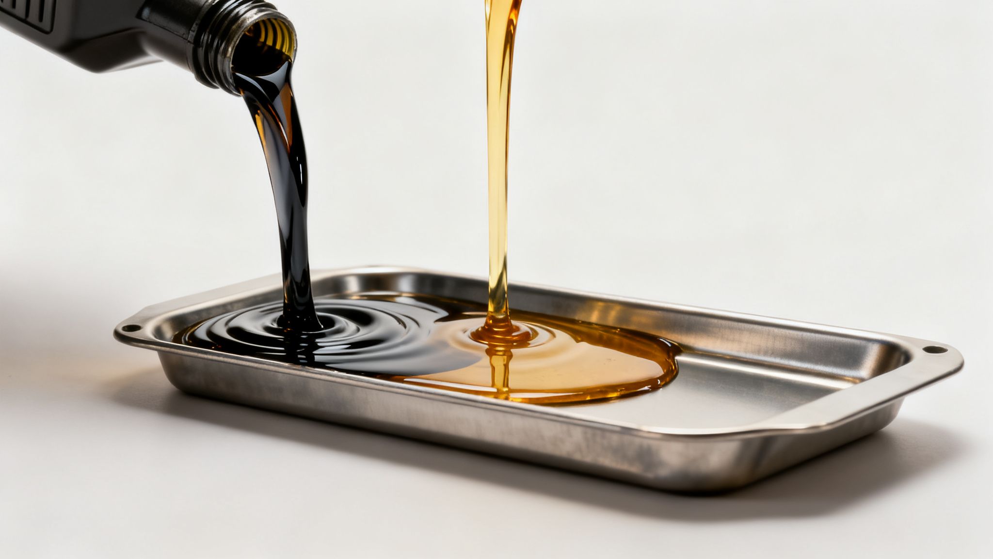 Two streams, dark and golden oil, pouring into a rectangular metal tray, illustrating different oil types.