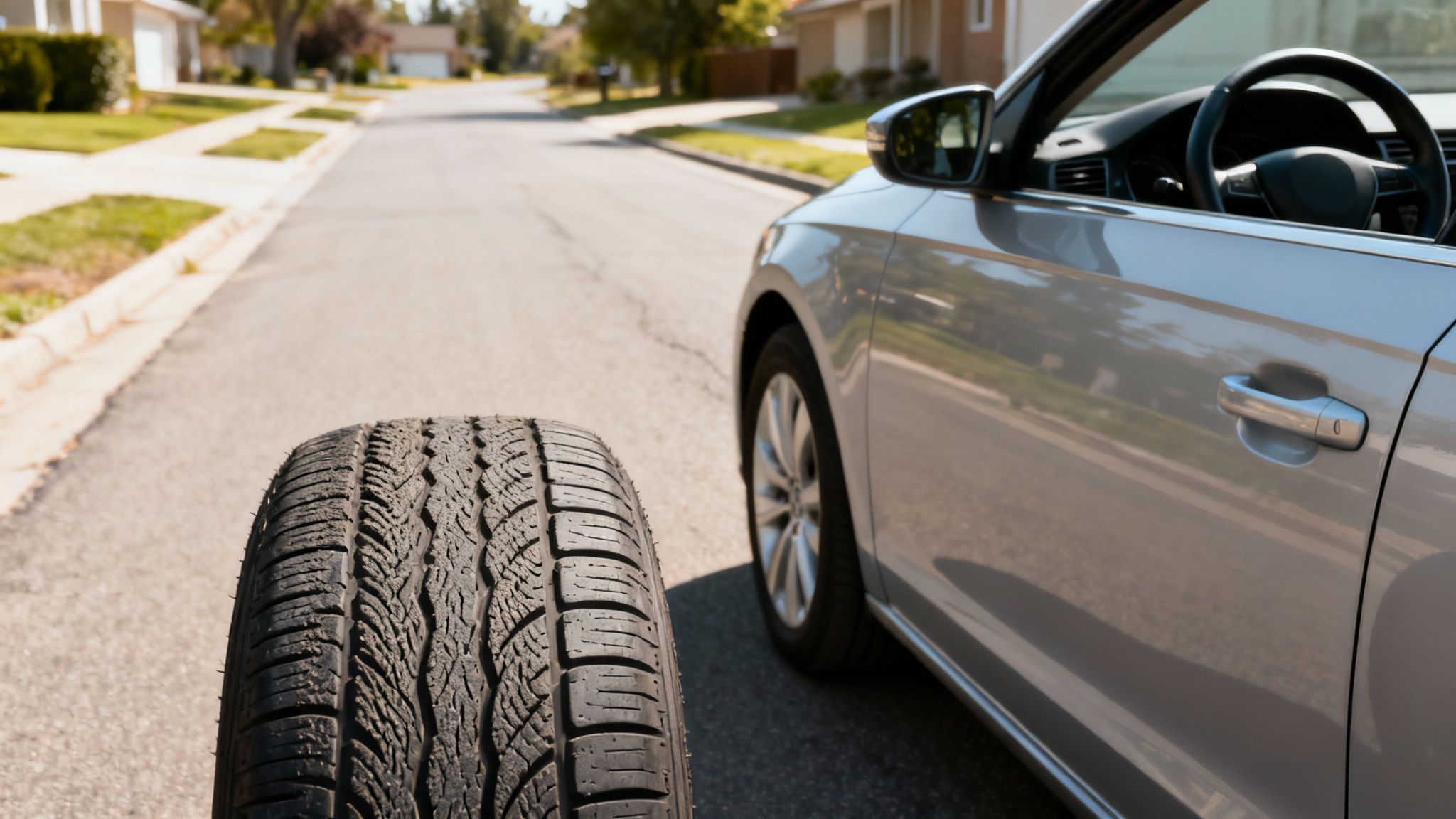 A car tire rests on an asphalt road beside a silver car on a residential street.