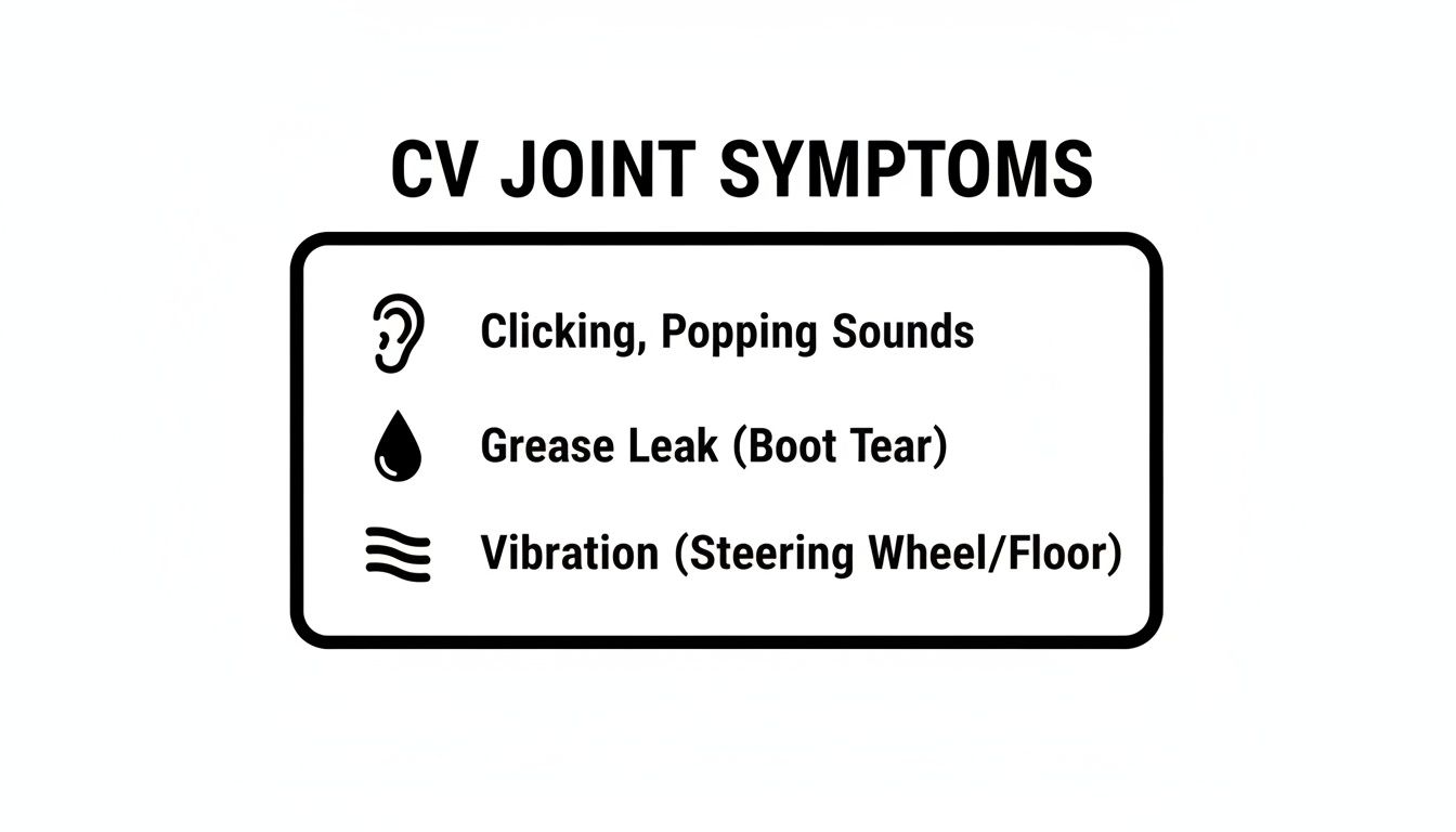 An infographic detailing common CV joint symptoms: clicking sounds, grease leaks, and vibration.