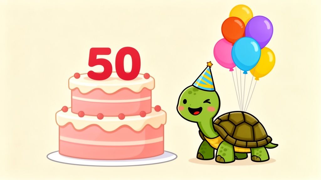 A cute cartoon turtle with a party hat and balloons next to a 50th birthday cake.