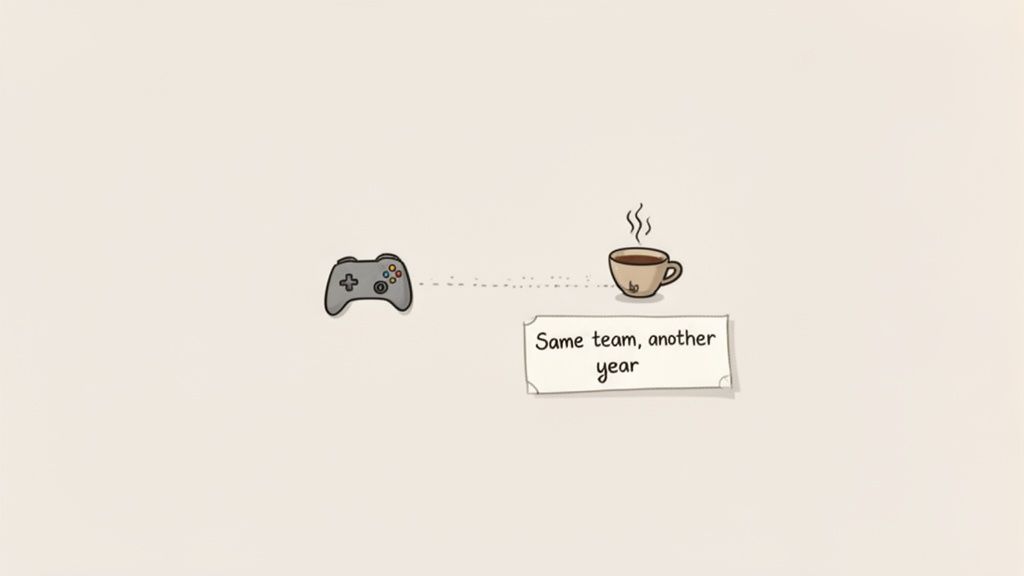 Cartoon illustration showing a video game controller, a steaming coffee cup, and the text "Same team, another year".