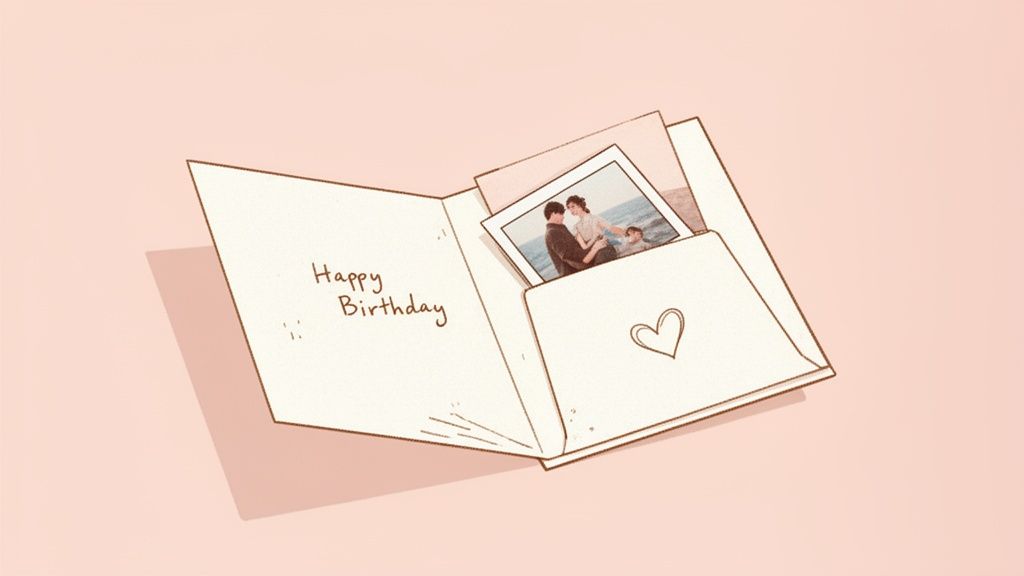 An illustration of an open birthday card with 'Happy Birthday' text and a family photo tucked inside.