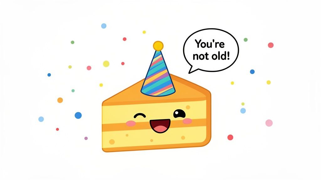 A happy cartoon cake wearing a party hat winks with a speech bubble that says "You're not old!".