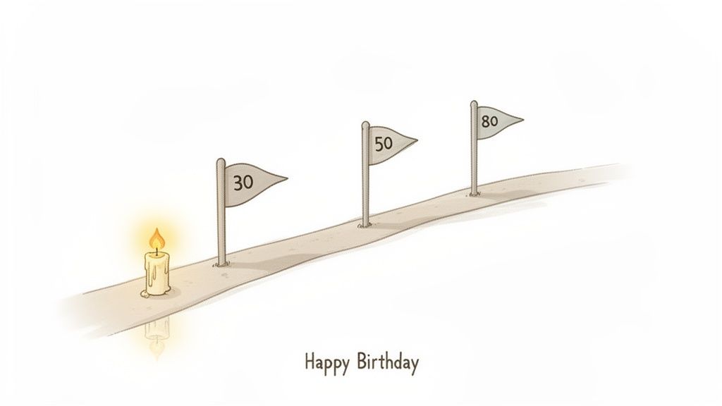 A burning candle on a path, with milestone flags for ages 30, 50, and 80, wishing 'Happy Birthday'.