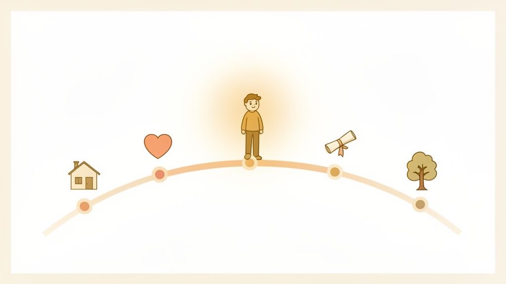 Cartoon person on a timeline, surrounded by life goals: a house, heart, diploma, and tree.