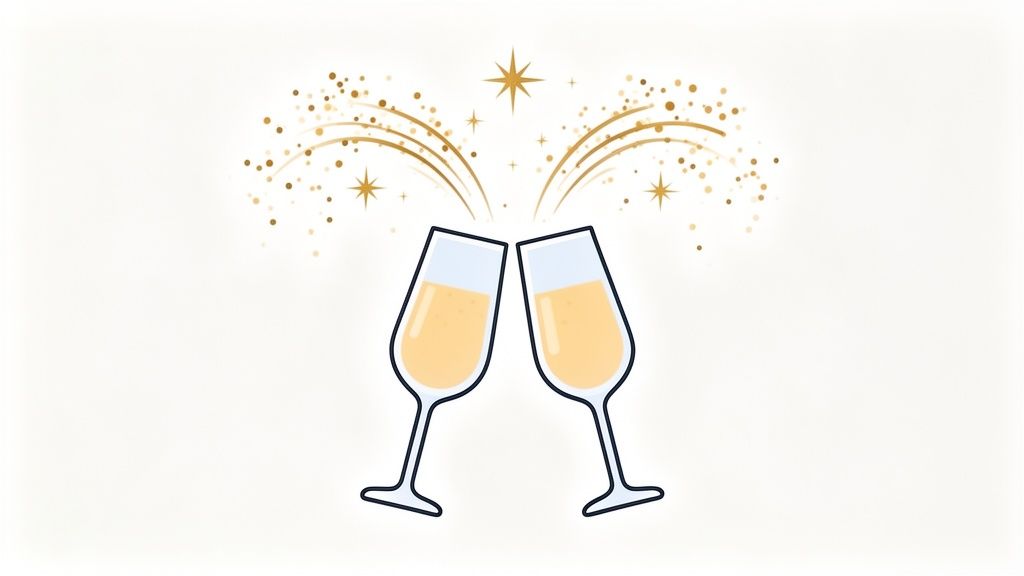 Two champagne glasses clinking in a celebratory toast with golden sparkles and stars.