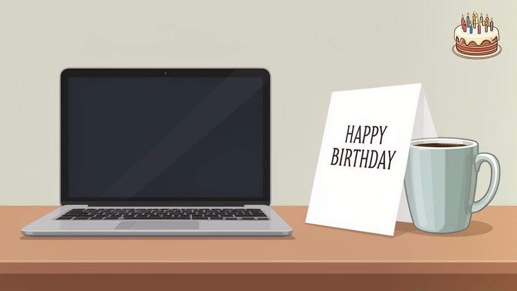 A laptop, a 'Happy Birthday' card, and a cup of coffee on a desk with a birthday cake.