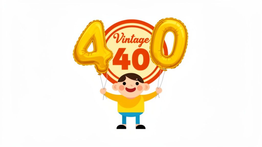 A happy cartoon boy holds golden '40' balloons, with a 'Vintage 40' emblem in the background.