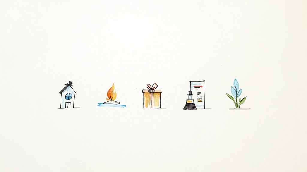 Cinco iconos de acuarela: casa, llama, regalo, escoba y planta azul sobre fondo blanco.