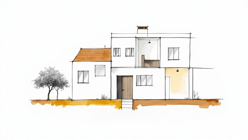 Boceto arquitectónico de una casa de dos niveles con techo naranja, un árbol y detalles en acuarela.