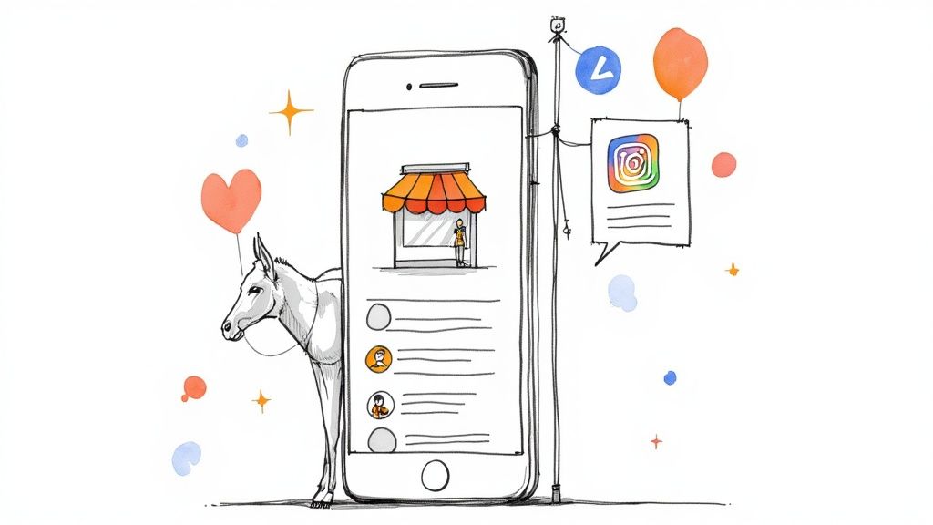 Ilustración de un teléfono móvil mostrando una tienda digital con un burro, globos y logos de redes sociales.