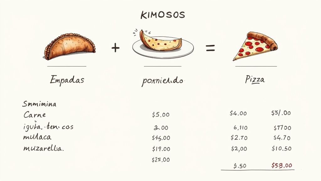 Representación visual de un menú con empanadas, un alimento desconocido y pizza, junto a una lista de precios.