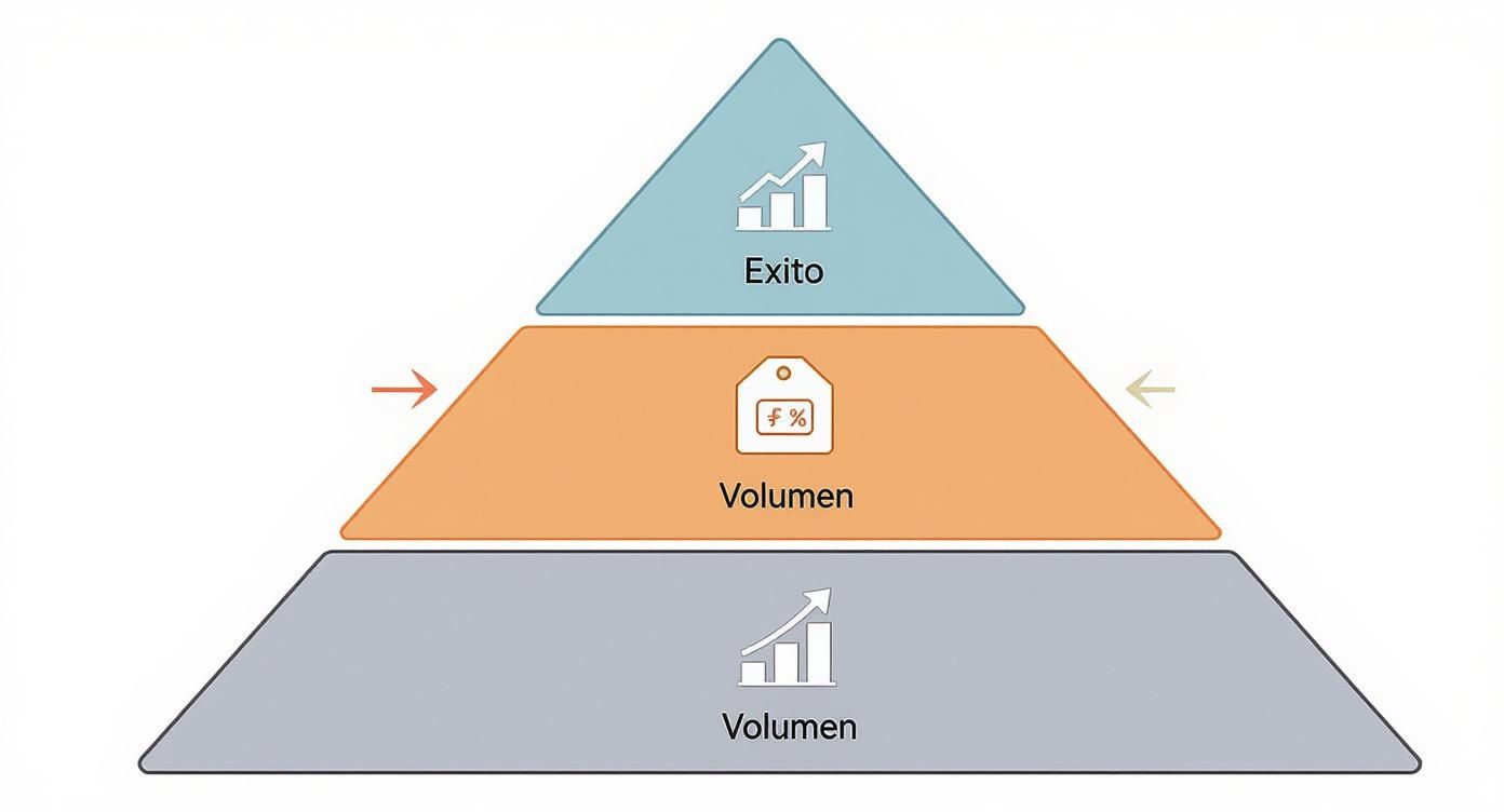 Una pirámide de tres niveles que ilustra el éxito y el volumen, con factores de precio y crecimiento.