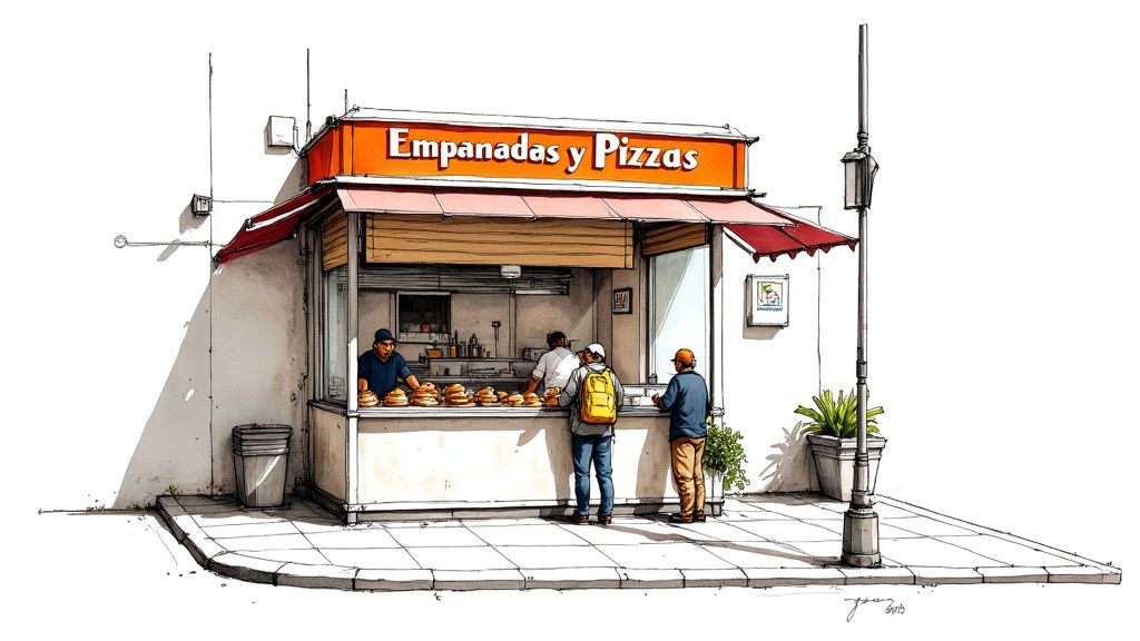 Puesto callejero de empanadas y pizzas con clientes y trabajadores en un día soleado.