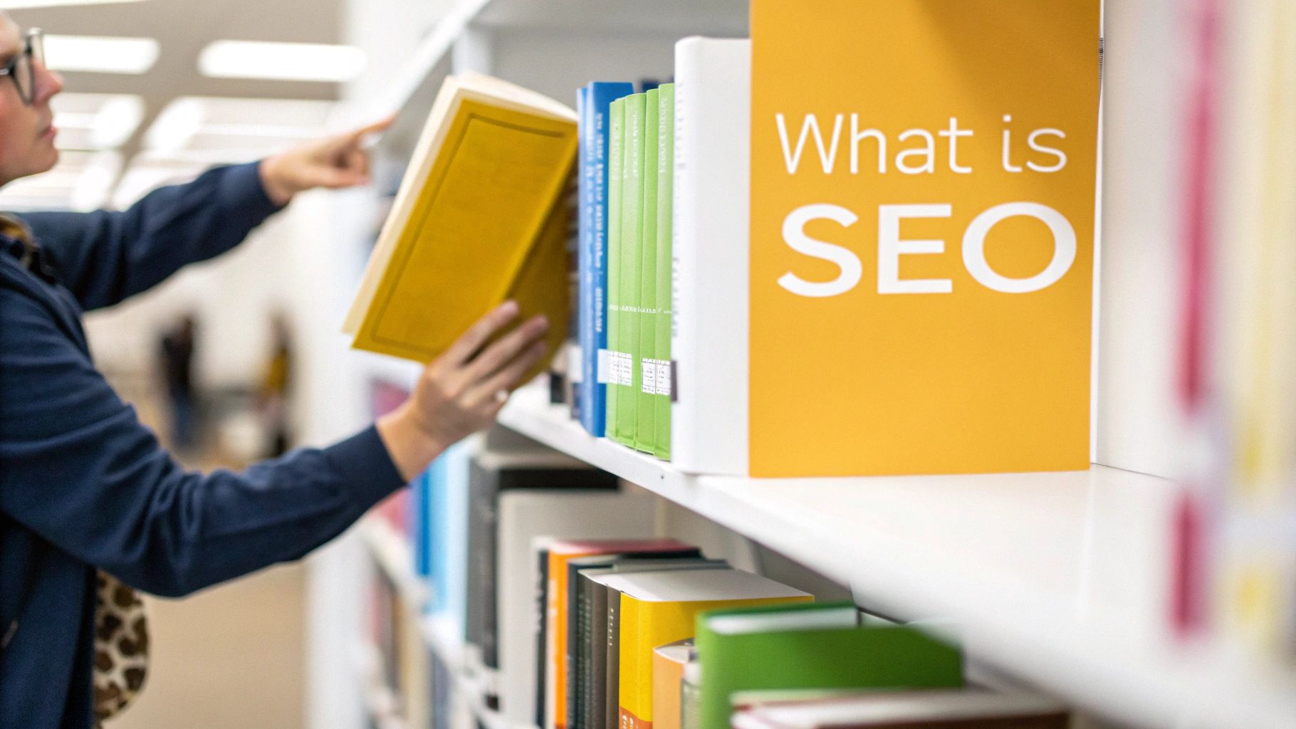A person places a yellow book on a library shelf next to a book titled 'What is SEO'.