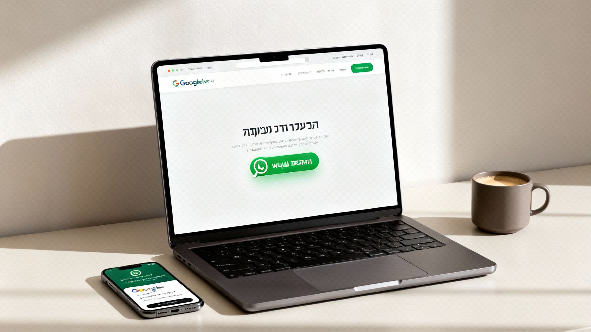 מחשב נייד וסמארטפון מציגים דפי אינטרנט עם כפתור וואטסאפ ירוק וטקסט בעברית, לצד כוס קפה על שולחן לבן.