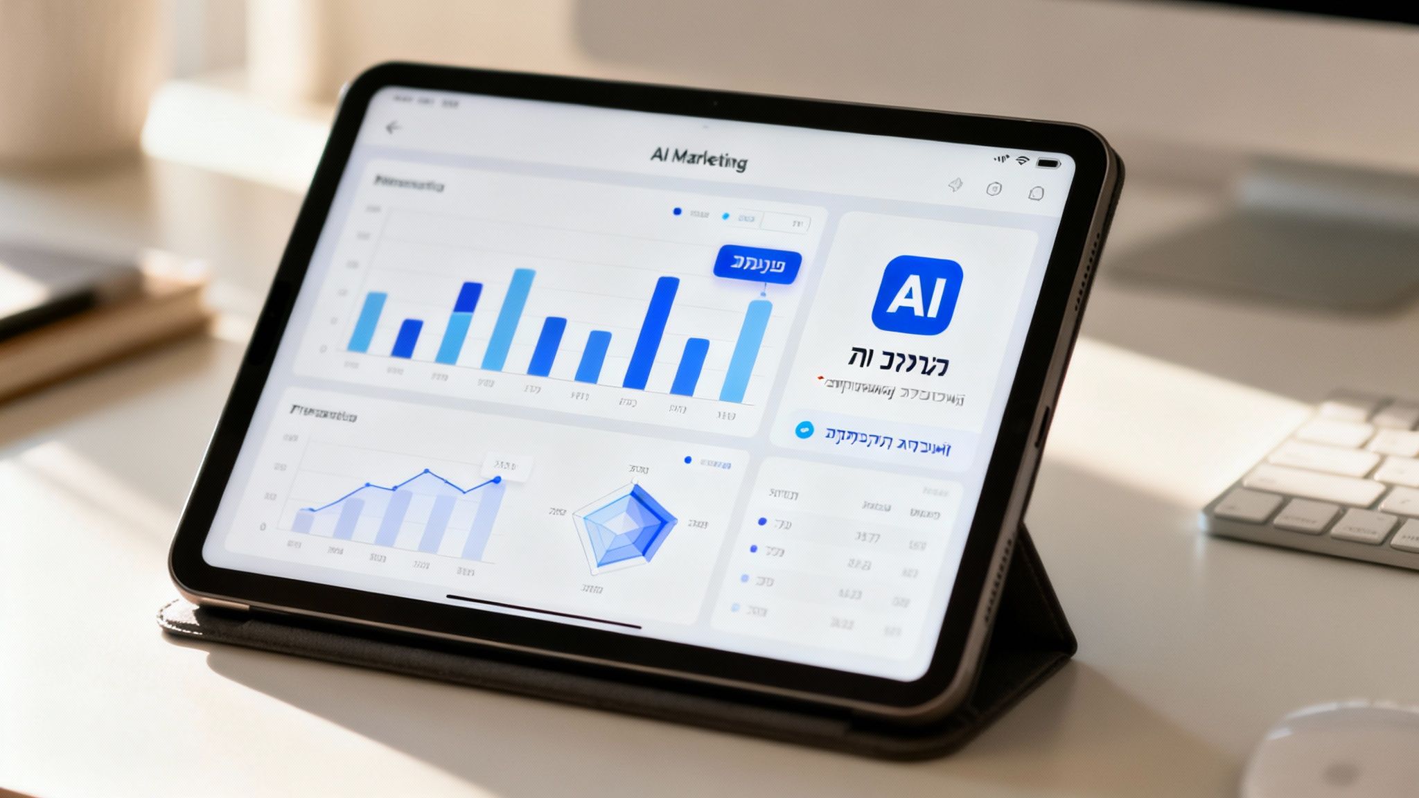 טאבלט מציג מסך של 'שיווק AI' עם גרפים, נתונים וטקסט בעברית על שולחן משרדי.