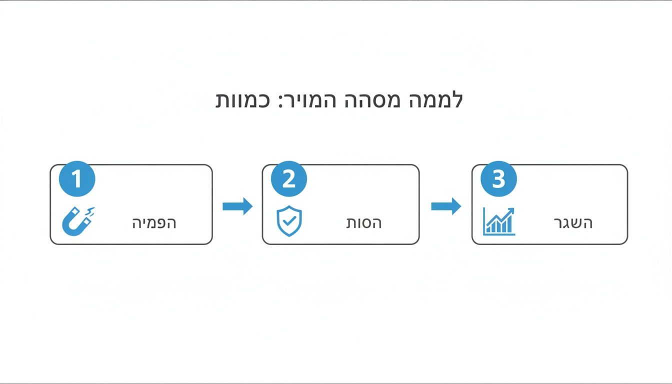תרשים זרימה של תהליך המרה בכמויות, הכולל גיוס לידים, טיפול והשגת יעדים בהצלחה.