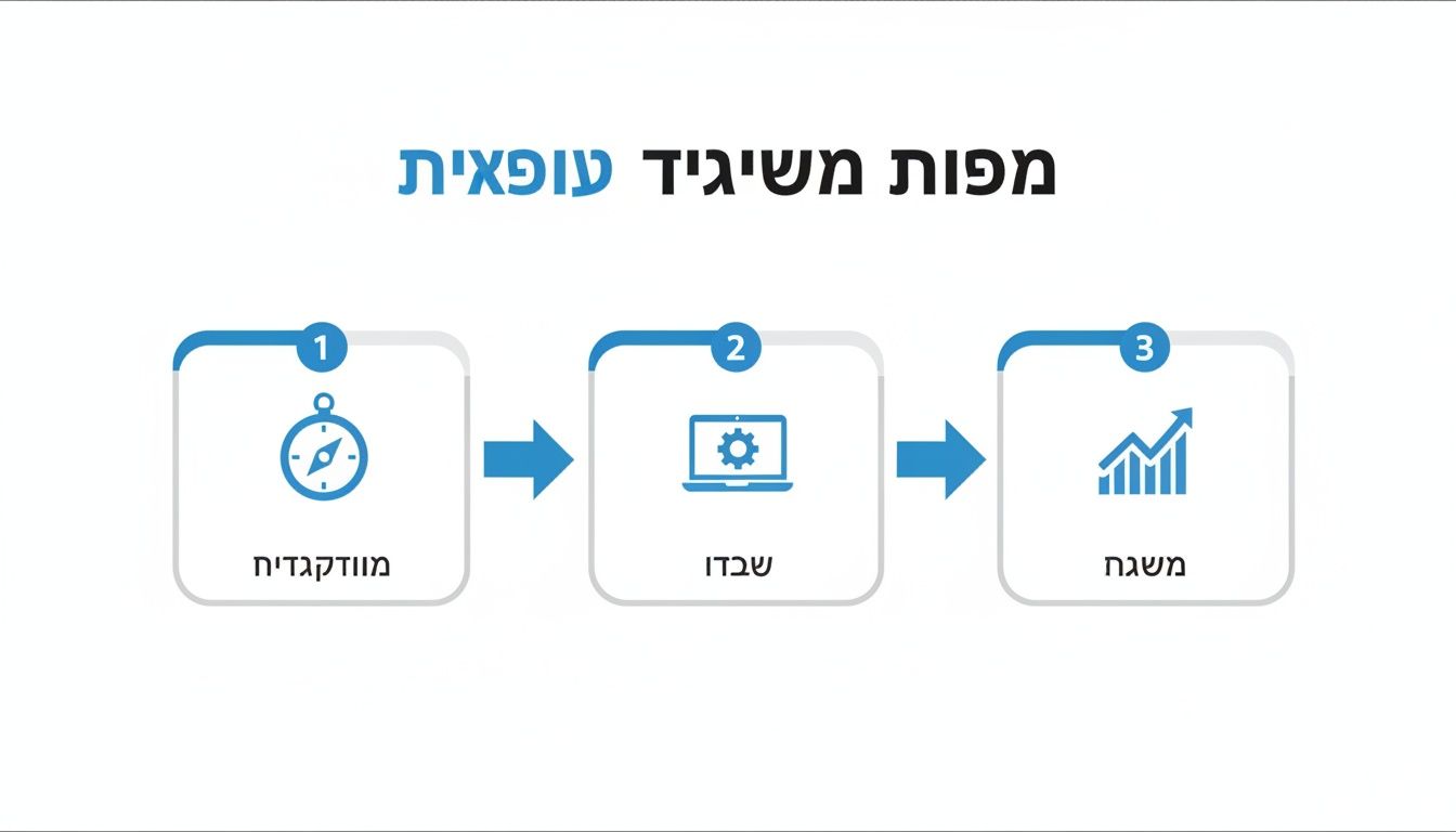 תרשים זרימה מציג שלושה שלבים: הכוונה (מצפן), ביצוע (מחשב נייד עם גלגל שיניים) וצמיחה (גרף עולה).