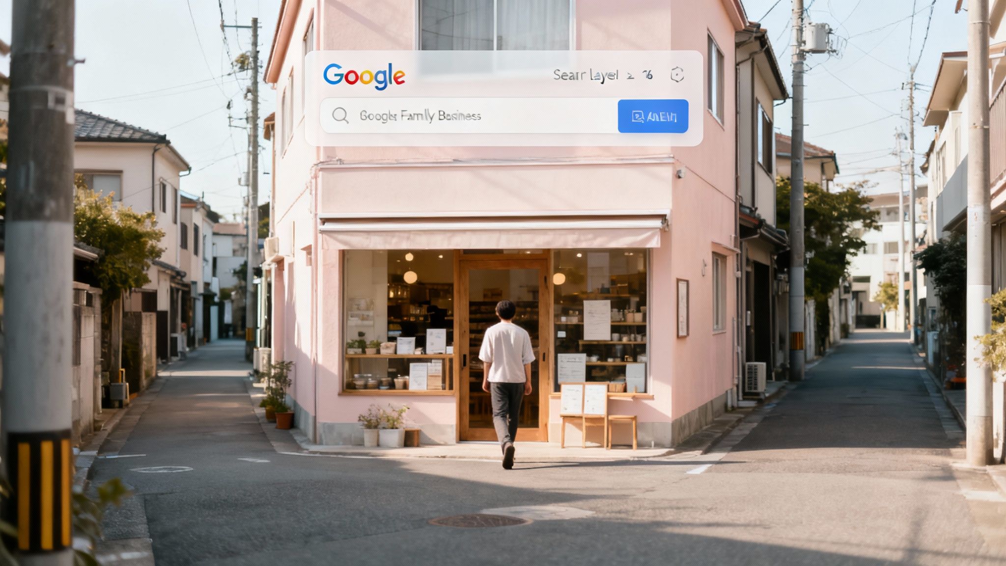 אדם נכנס לחנות קטנה ורודה ברחוב יפני, ממחיש עסק משפחתי מקומי הזקוק לקידום אתרים דיגיטלי