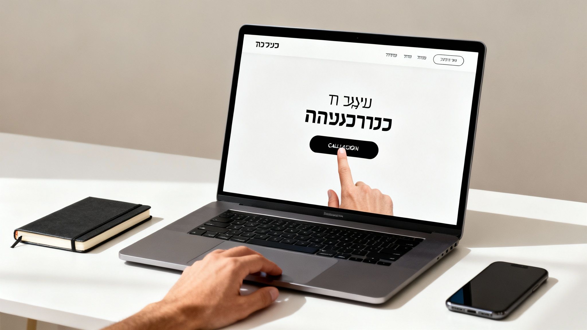 מחשב נייד על שולחן עבודה עם אתר אינטרנט בעברית ויד מצביעה על כפתור קריאה לפעולה, לצד מחברת וסמארטפון.