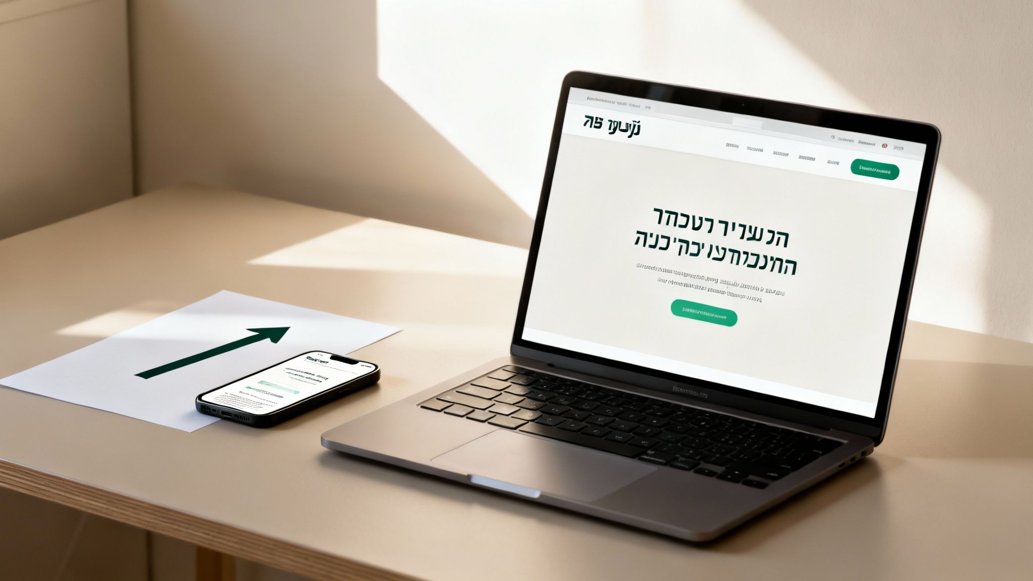 מחשב נייד וסמארטפון מציגים אתר אינטרנט עברי על שולחן עבודה בהיר, עם דף ובו חץ ירוק.