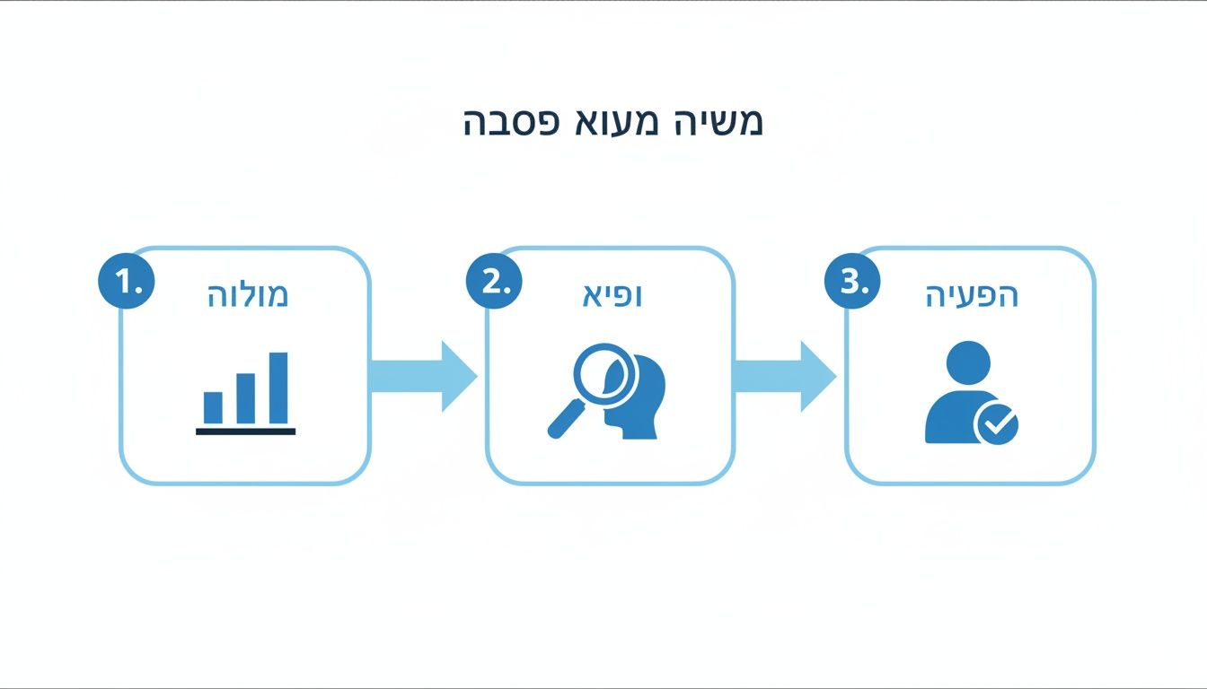 תרשים זרימה תלת-שלבי: איסוף נתונים, ניתוח מעמיק ויישום. מציג חצים בין השלבים.