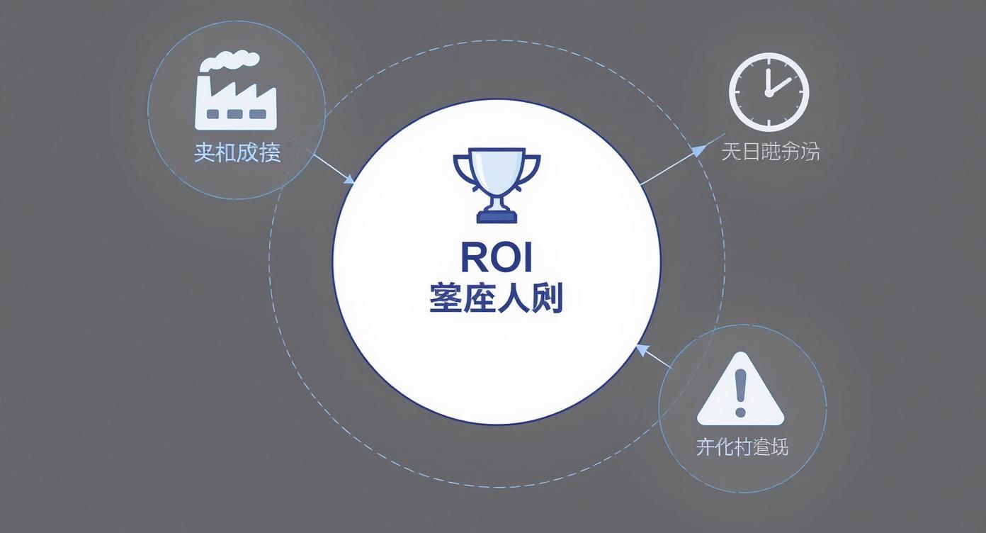 תרשים המציג את ROI - תשואה על השקעה, עם אייקונים של מפעל, שעון, ואזהרה המחוברים למרכז עם סמל גביע