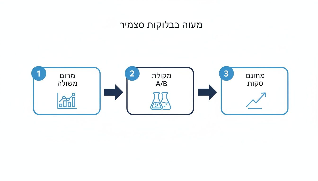 תרשים זרימה המציג תהליך בשלושה שלבים: נתוני ביצועים, בדיקות A/B, ואופטימיזציה לשיפור.