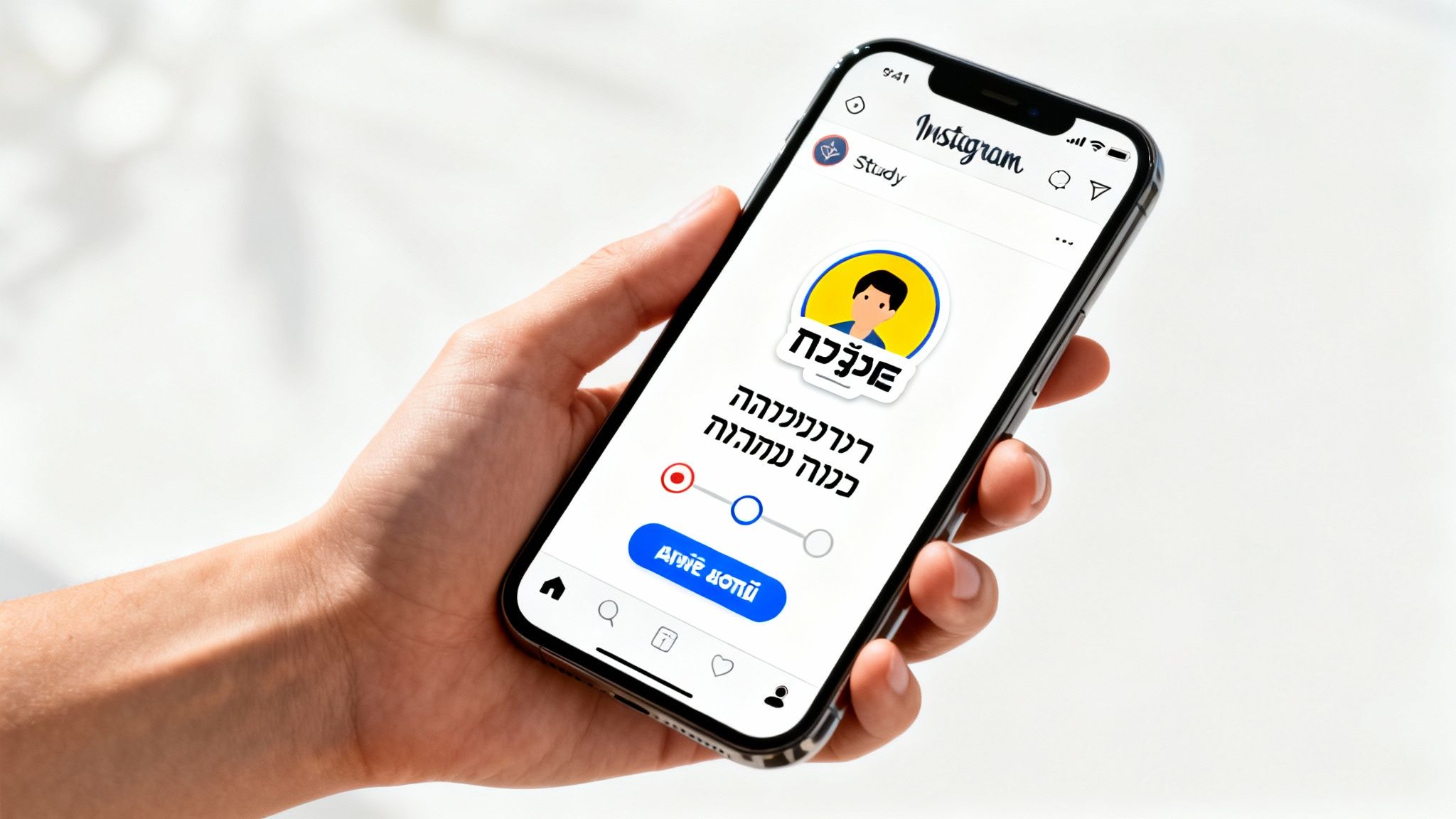 אדם מחזיק סמארטפון המציג אפליקציית אינסטגרם עם תוכן לימודי וטקסט בעברית.