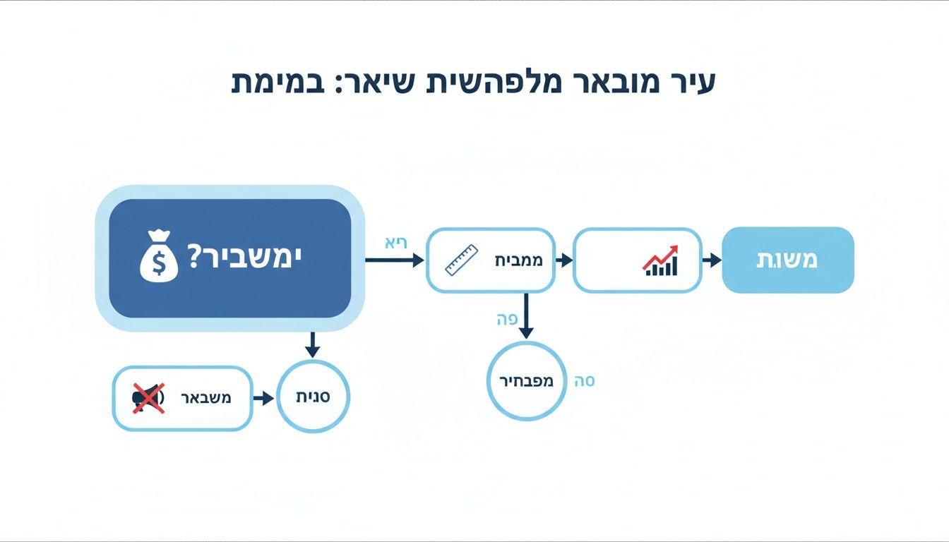 תרשים זרימה המציג תהליך קבלת החלטות סביב משבר, כולל הערכה, מדידה, צמיחה והתמודדות.