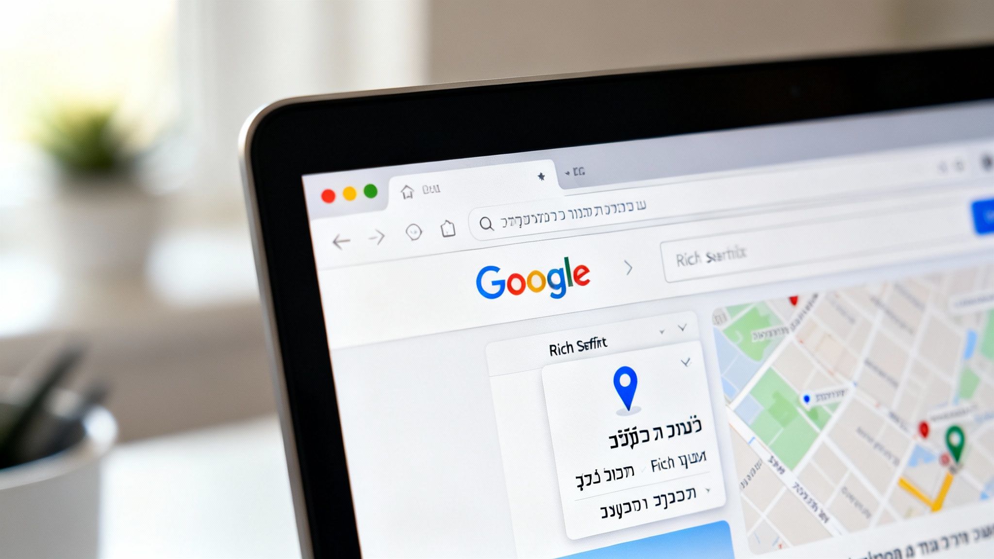 מסך מחשב נייד המציג דף חיפוש של גוגל בעברית, כולל לוגו גוגל, תיבת חיפוש ותוצאות מפה.