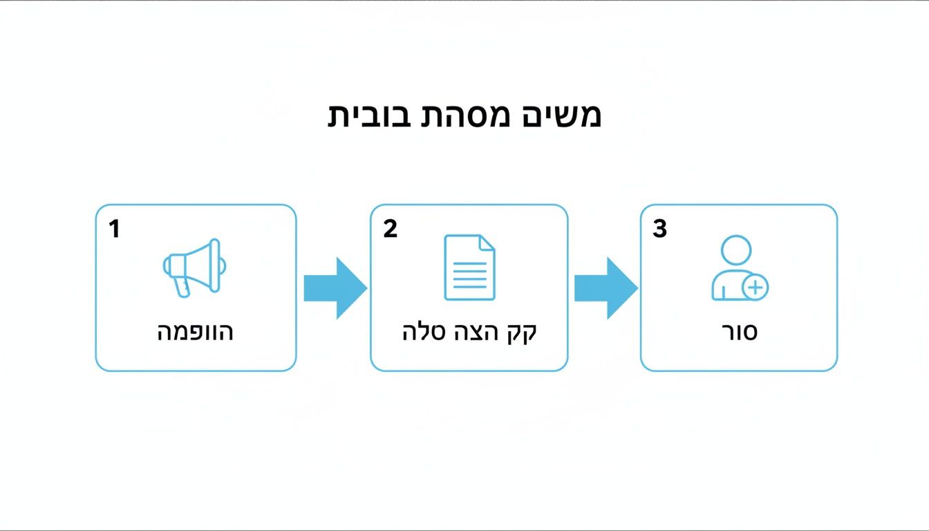 תרשים זרימה בן שלושה שלבים: פרסום, הצעת מחיר ויצירת קשר, עם אייקונים רלוונטיים.