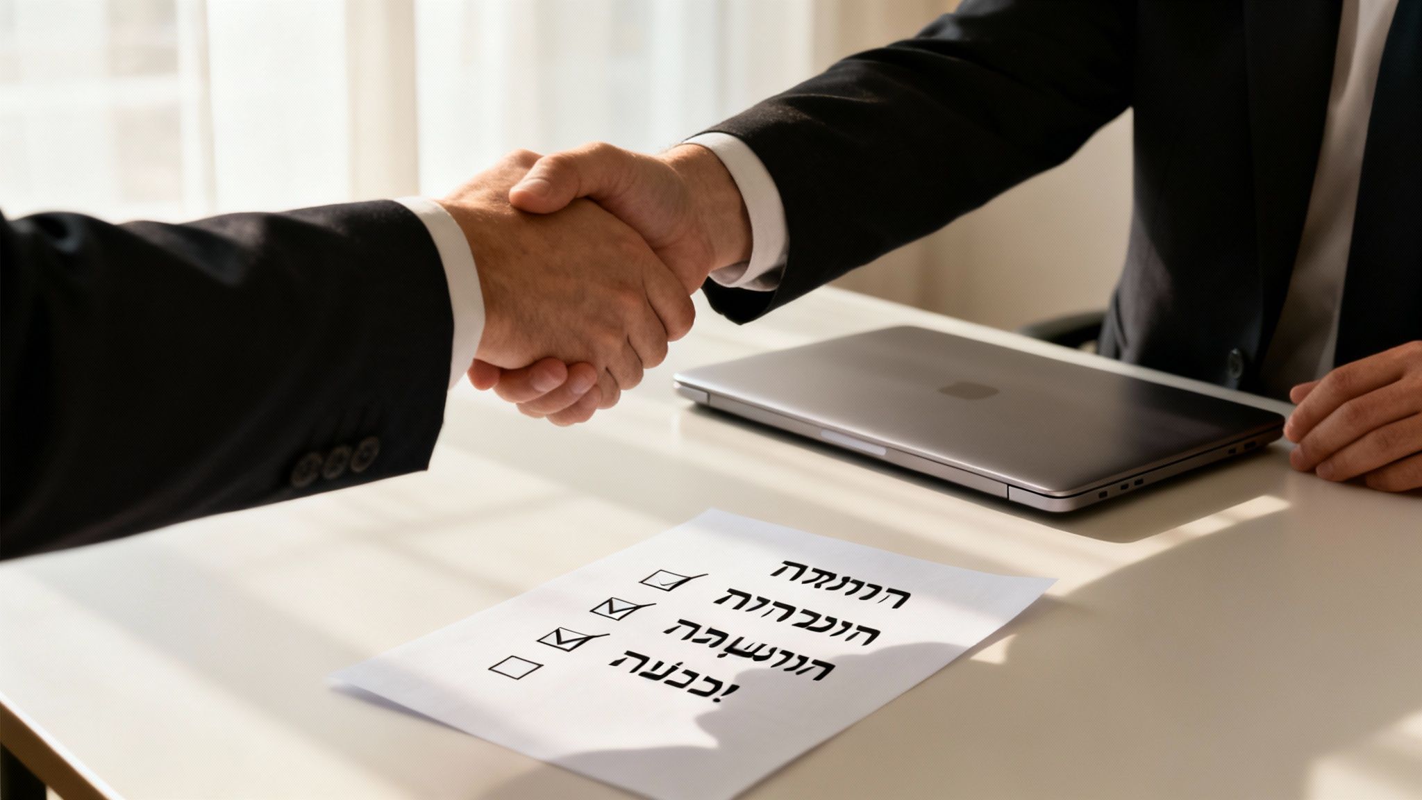 שני אנשי עסקים לוחצים ידיים ליד שולחן עם מחשב נייד ורשימת משימות בעברית המסמלת שיתוף פעולה והצלחה.