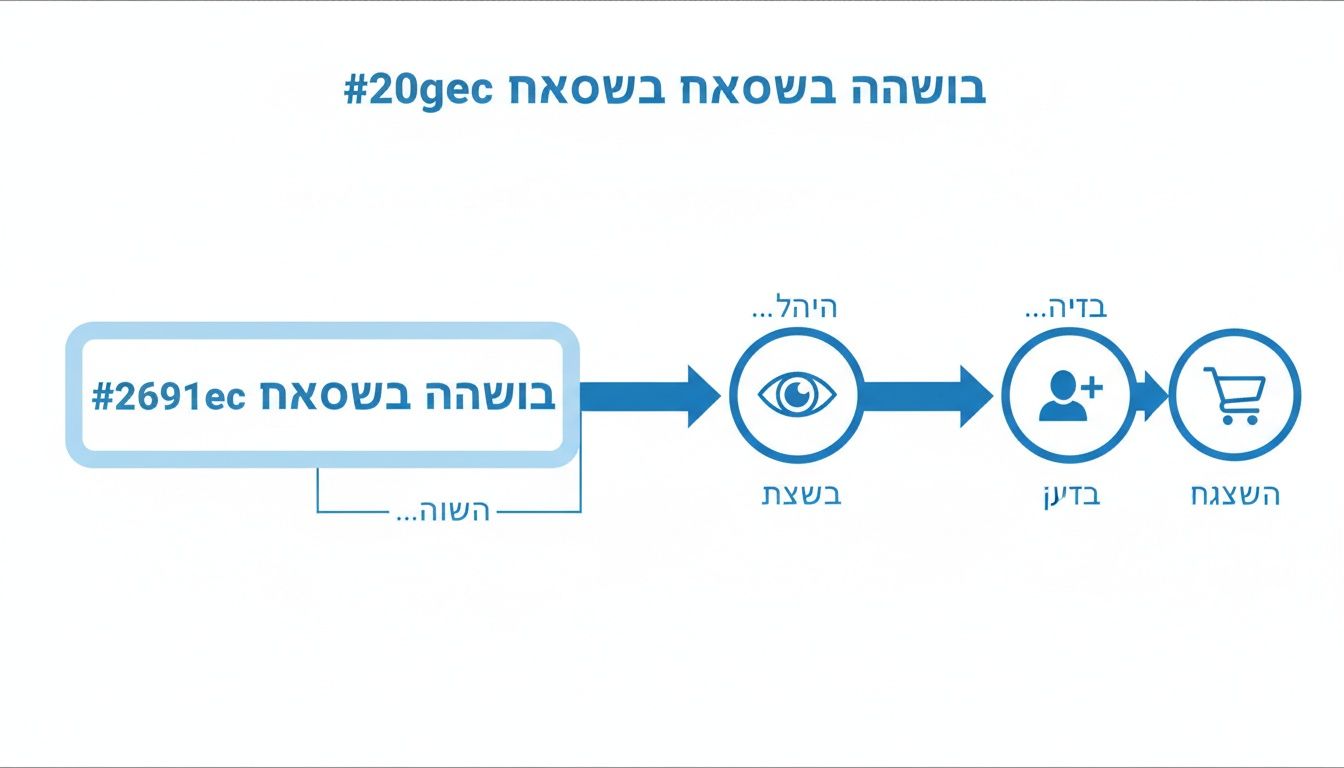 תרשים זרימה המתאר תהליך דיגיטלי הכולל צפייה (עין), הרשמה (אדם פלוס) וקנייה (עגלת קניות), עם כיתובים בעברית.