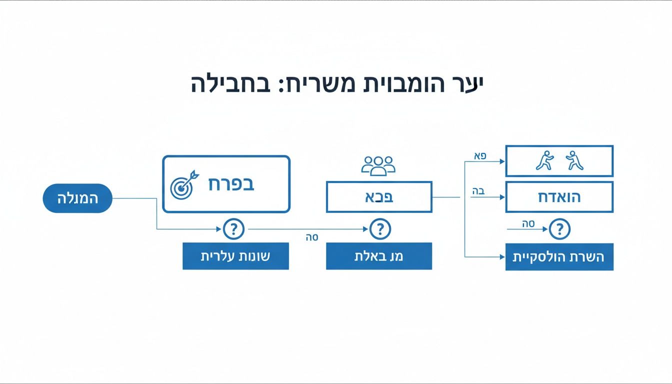 תרשים זרימה מפורט של תהליך שירותי, החל מהממונה ועד לשלבי ביצוע שונים, עם צמתים להחלטה.