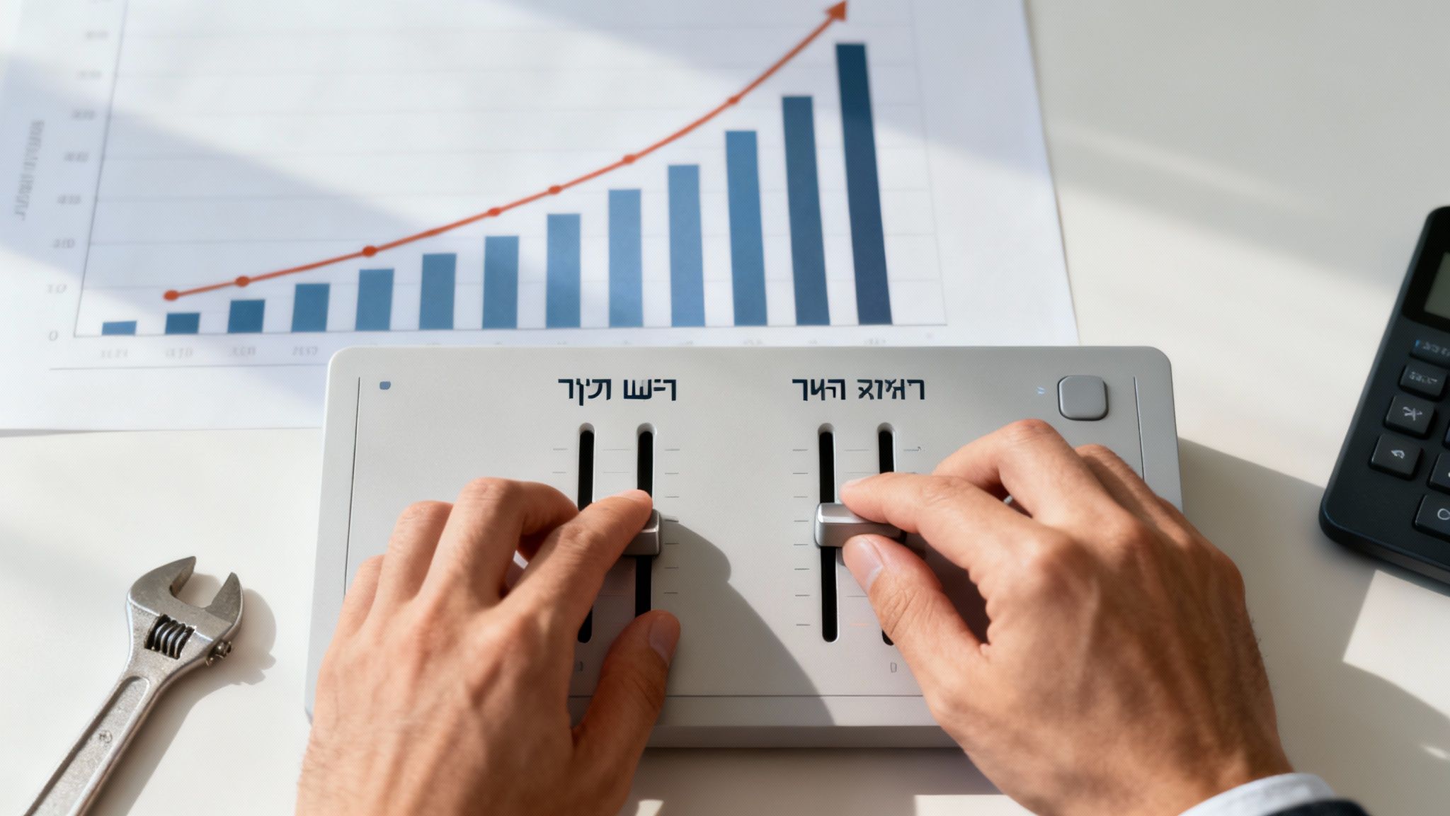 ידיים מכווננות מחוונים של ראיוג השקעה ורווח תוך, עם גרף עסקי מציג צמיחה ברקע