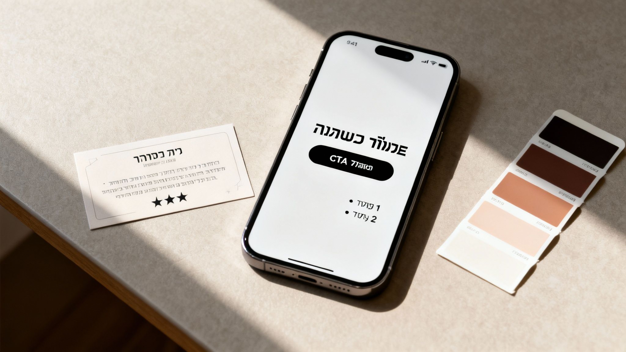 סמארטפון מציג אפליקציה עם כיתוב עברי, כפתור ונקודות. לצדו כרטיס ביקור ודוגמית צבעים. סביבת עבודה מעוצבת.