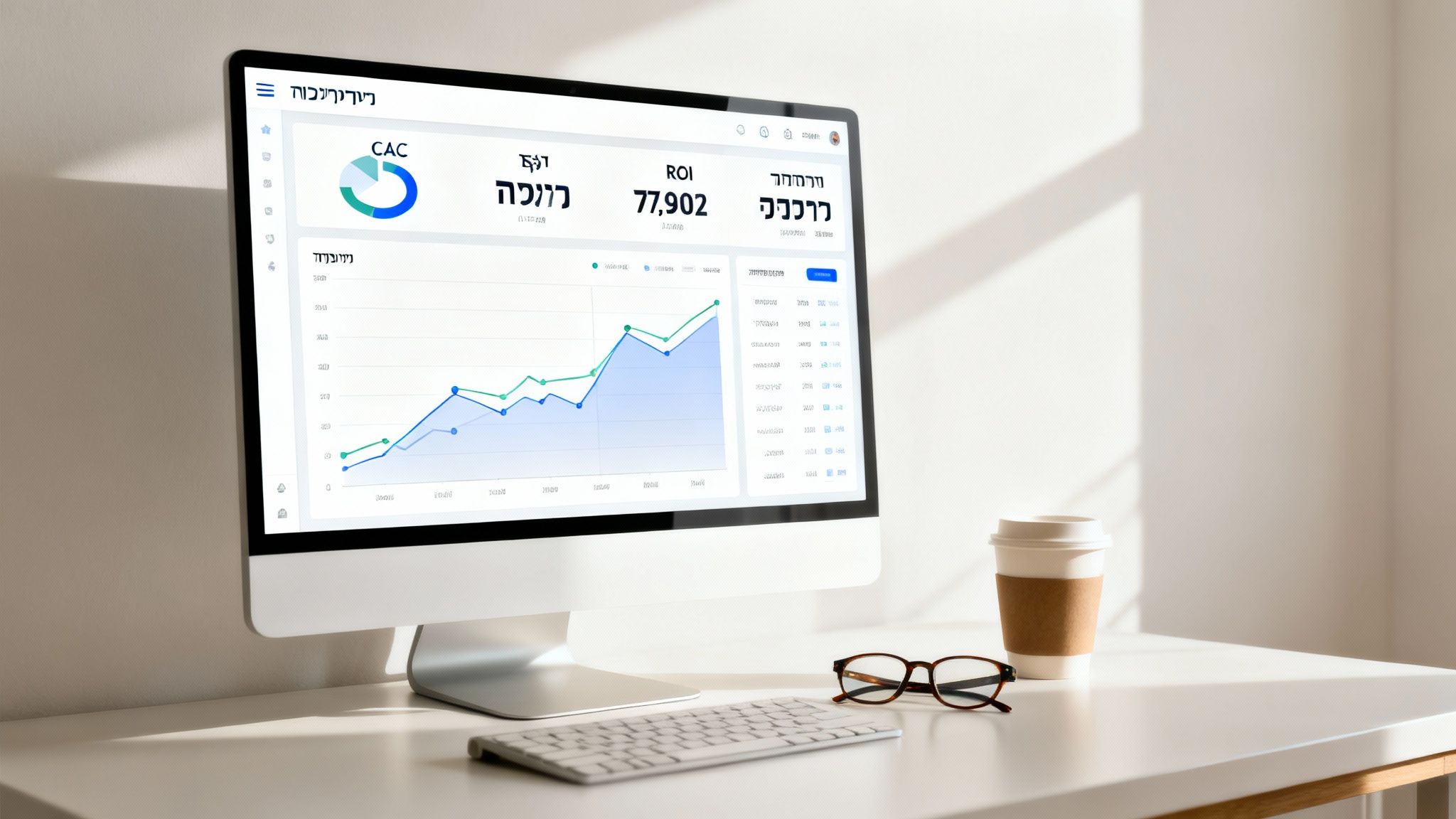 לוח מחוונים של מחשב עם נתוני שיווק ופרסום דיגיטלי, משקפיים וכוס קפה על שולחן משרדי בהיר.