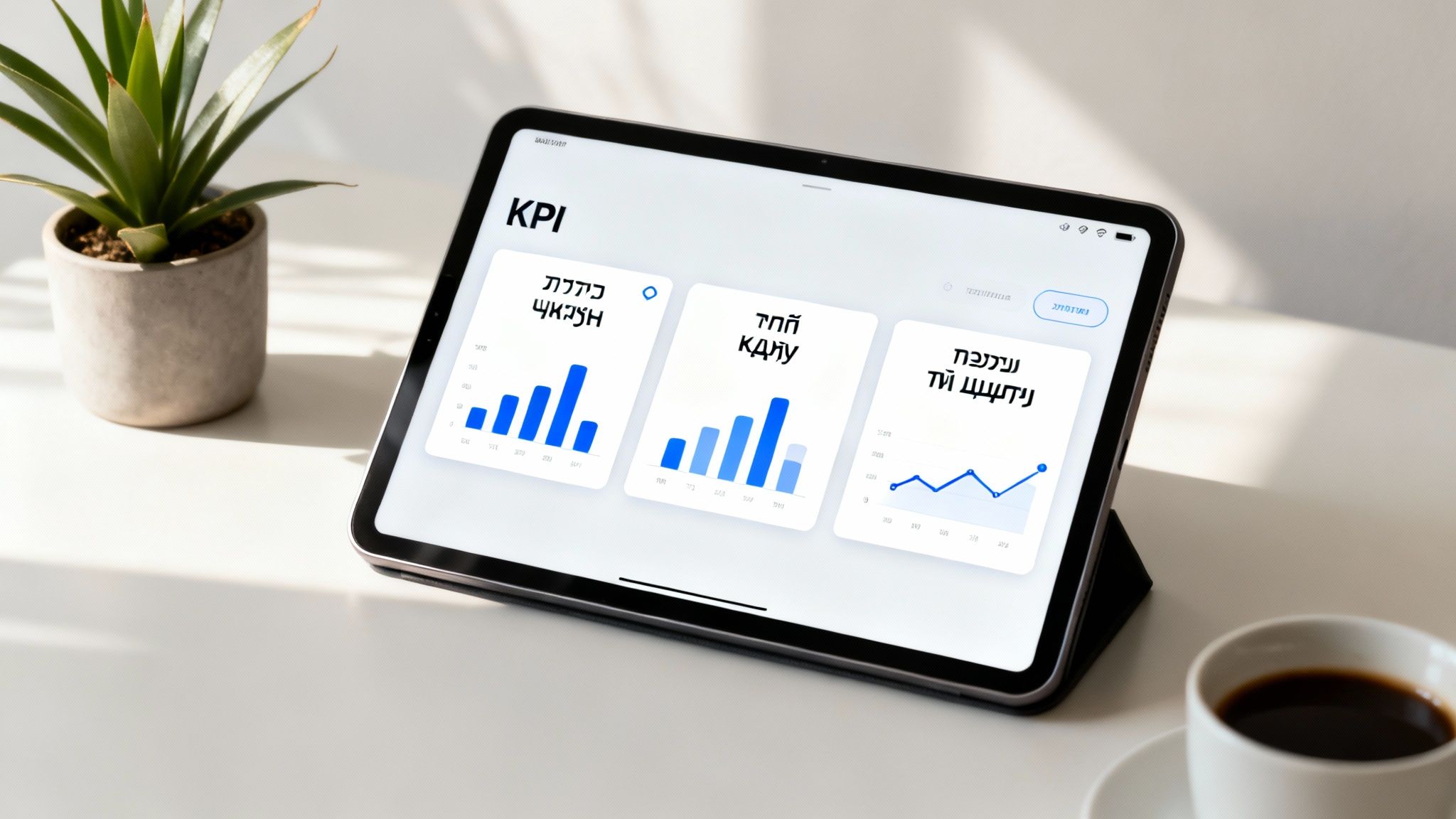 טאבלט על שולחן מציג דשבורד KPI עם גרפים, צמח ירוק וכוס קפה בצד.