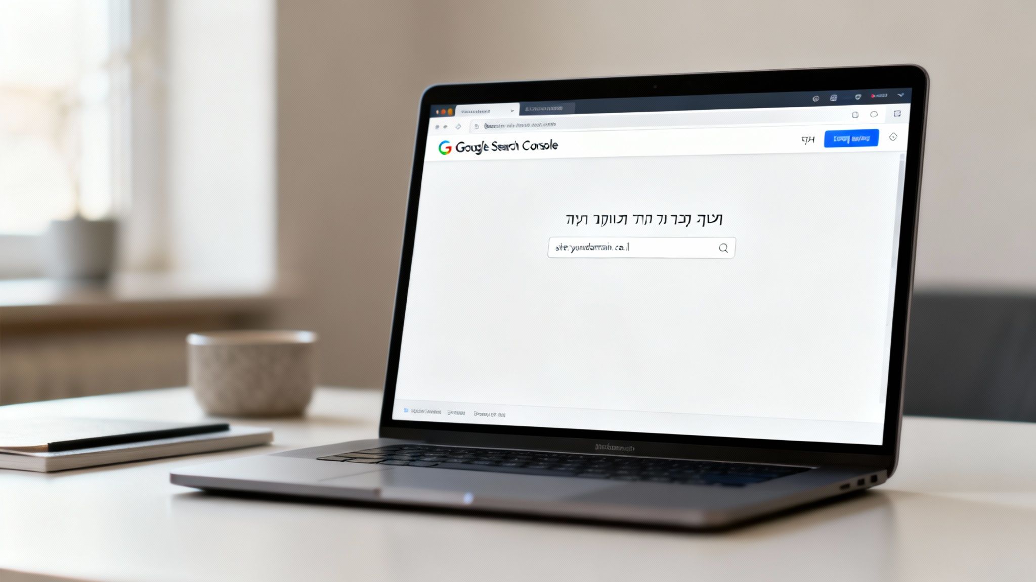 מחשב נייד מציג את Google Search Console, עם שדה חיפוש המכיל 'site:yourdomain.co.il' על שולחן משרדי.