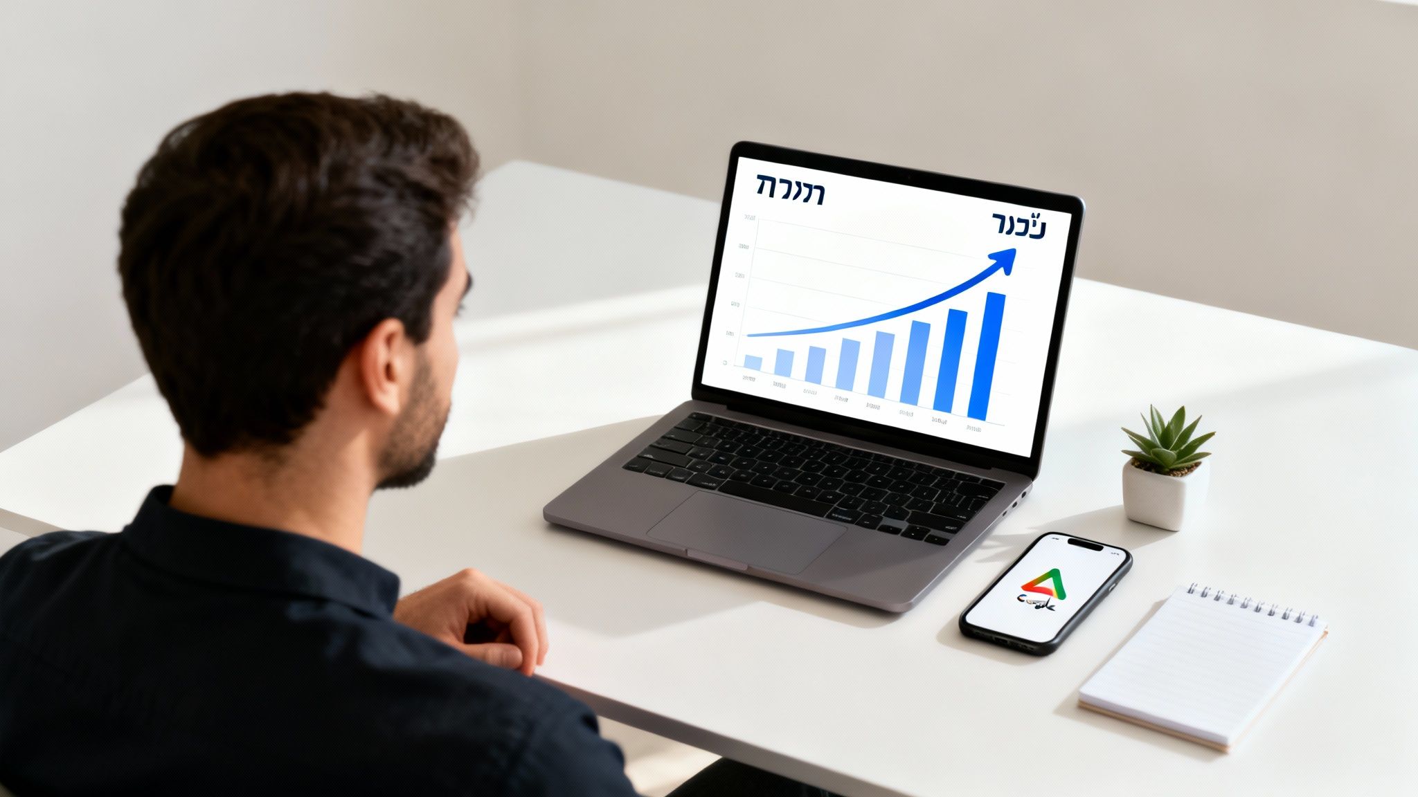 אדם מביט בגרף צמיחה על מסך מחשב נייד עם כותרות בעברית 'תחזית' ו'נכור', לידו טלפון עם לוגו של גוגל דרייב.