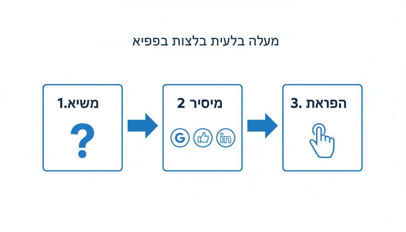 דיאגרמת תהליך בשלושה שלבים: איתור בעיה (סימן שאלה), סיוע באמצעות כלים דיגיטליים (גוגל, לייקדין), וביצוע פעולה (יד לוחצת).