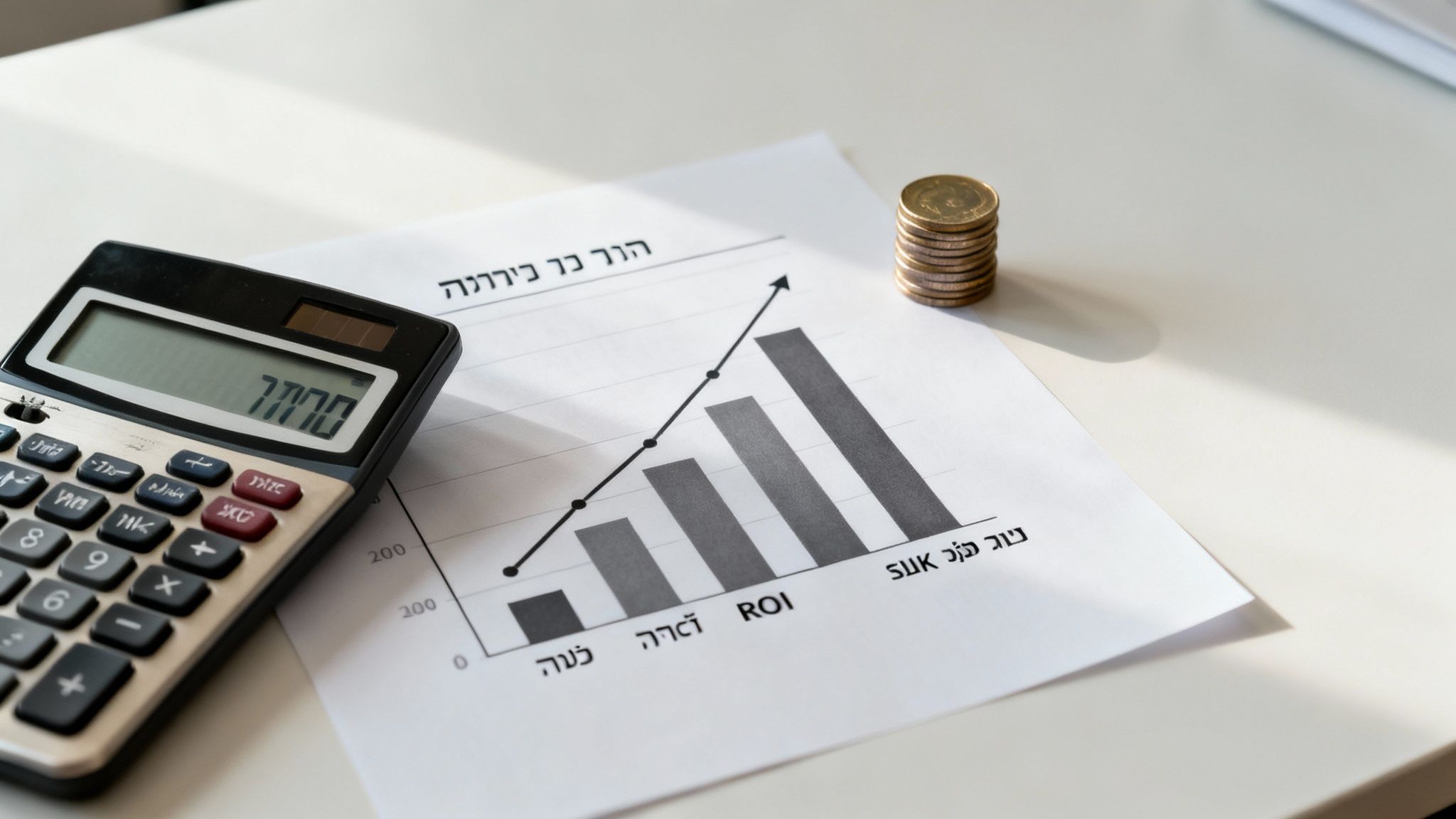 מחשבון, גרף עמודות המראה צמיחה וערימת מטבעות על שולחן, מציג נתונים פיננסיים ורווחיות.