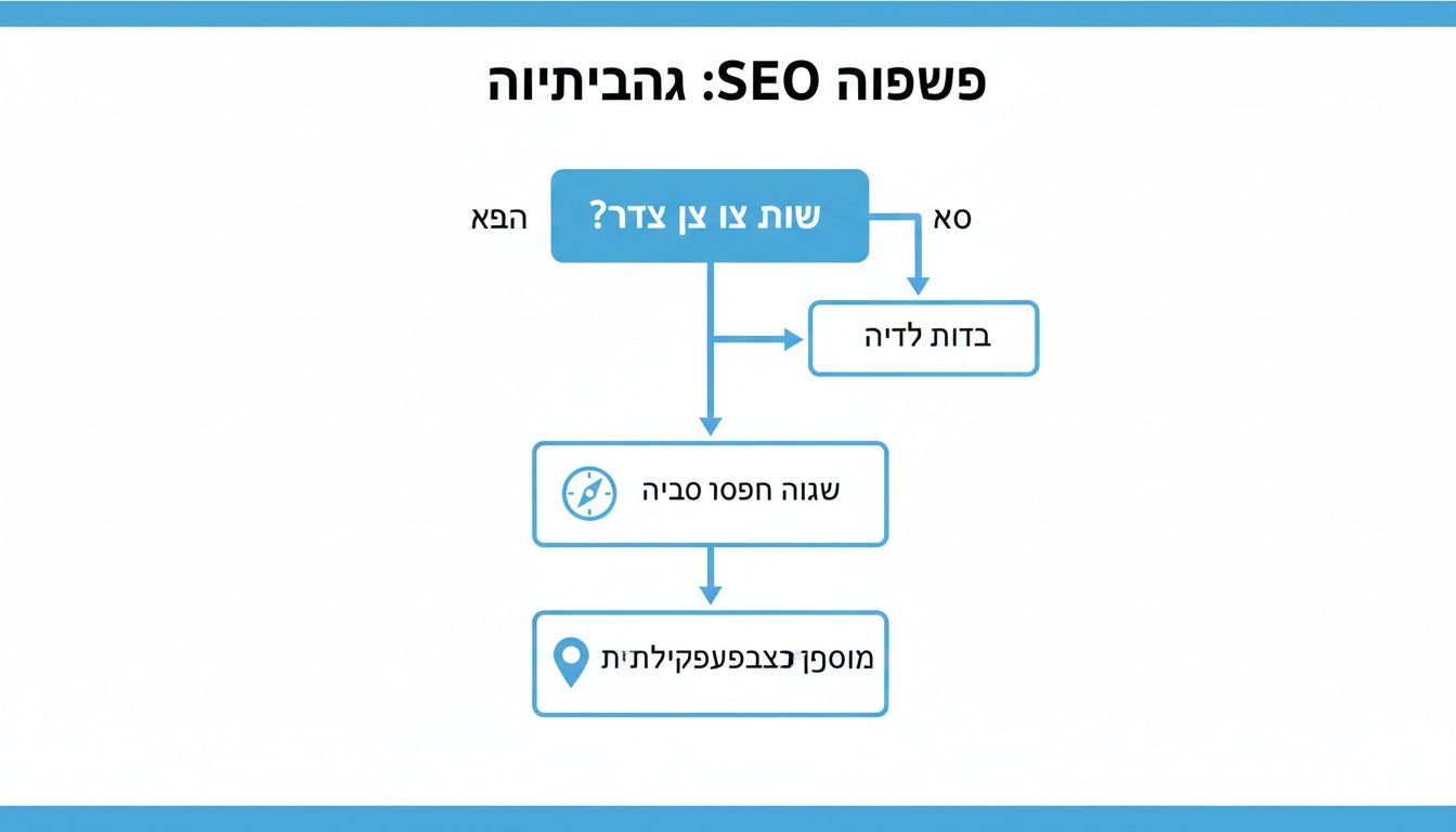 תרשים זרימה המתאר תהליכים הקשורים ל-SEO, עם תיבות וחיצים, וסמלים של מצפן וסיכת מיקום.