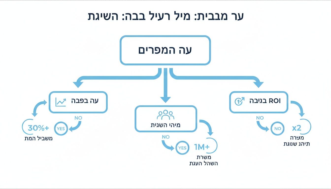 תרשים זרימה מפורט בעברית המציג נתיבים להשגת יעדים עסקיים, כולל מדדי ביצועים, הגעה לקהל רחב ו-ROI גבוה.