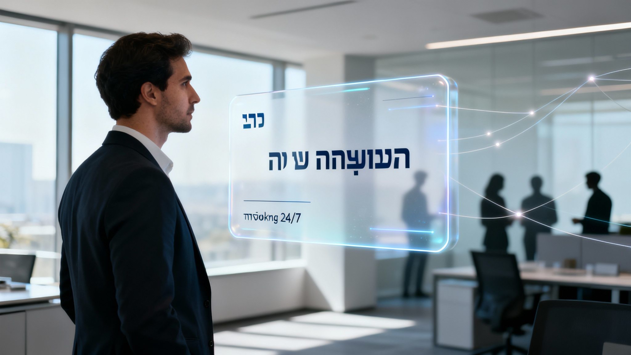 גבר בחליפה עומד במשרד מודרני וצופה במסך הולוגרפי אינטראקטיבי עם נתונים.