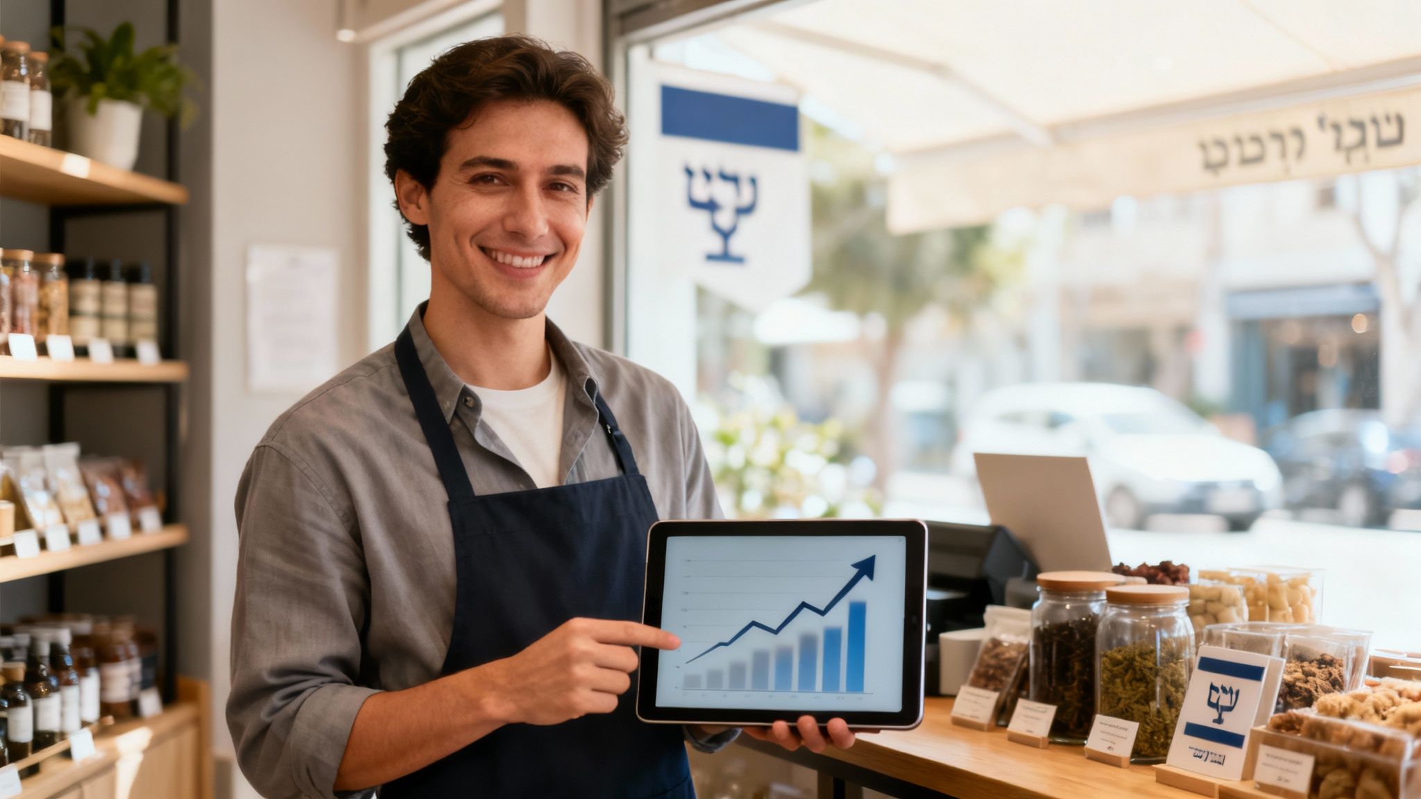 גבר חייכן בסינר מציג טאבלט עם גרף עולה, המצביע על צמיחה עסקית בחנותו.