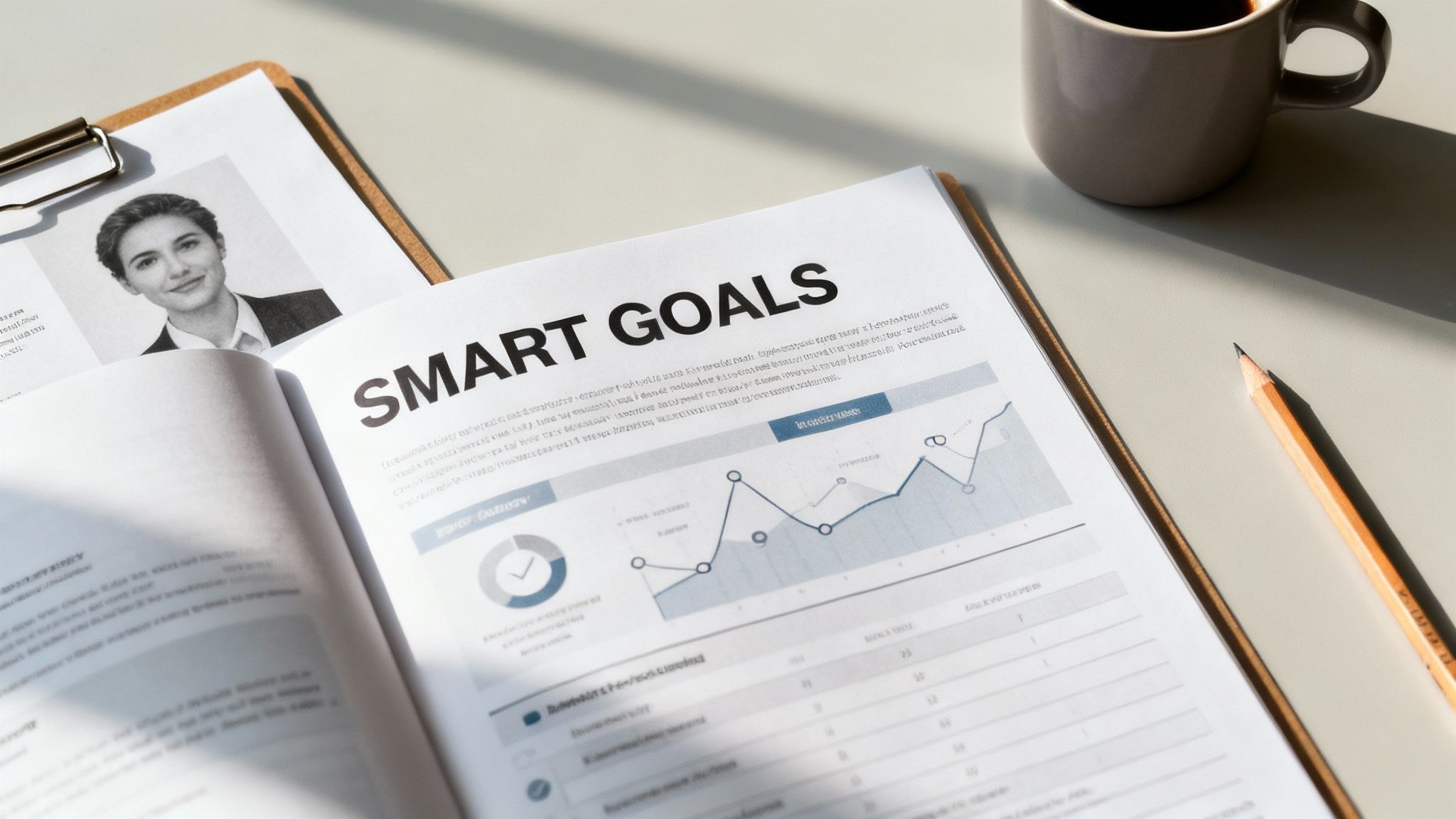 מסמך מטרות SMART עם גרפים ונתונים, קורות חיים, עיפרון וכוס קפה על שולחן עבודה מאורגן