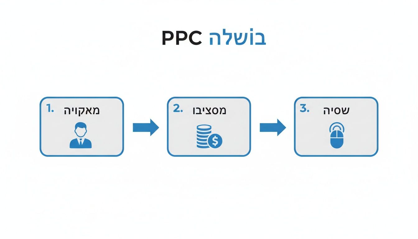 המחשה ויזואלית של שלבי תהליך PPC: מאפייני משתמש, ניהול תקציב ופעולת לחיצה.